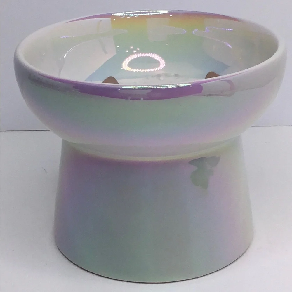 Pet Bowl dexypaws Ceramic elevated bowl 6.7oz White Holographic New